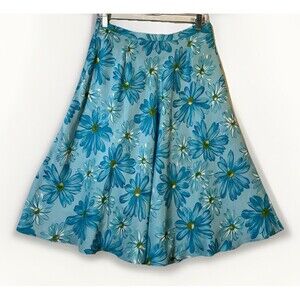 Sandra King 100% Silk Blue Floral A-Line Skirt Size 10 Daisy Print Midi